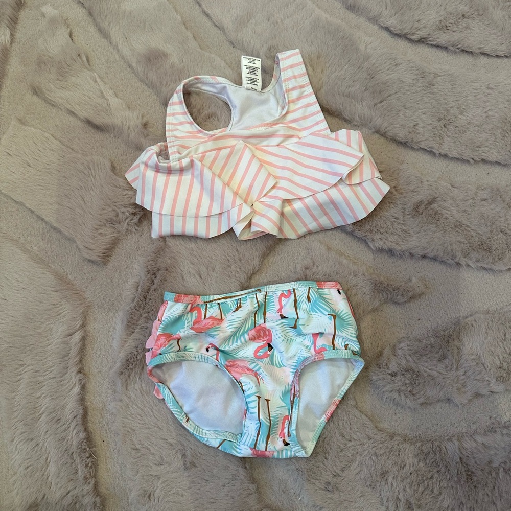 Ruffle Butts Pink Striped Flamingo Diaper Cover Set